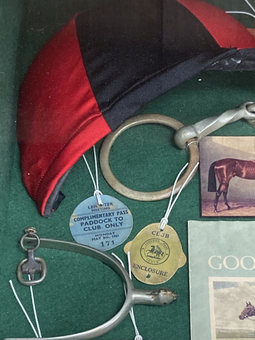 Horse racing memorabilia, arranged and contained in a glazed case, over height 56cm width 46cm